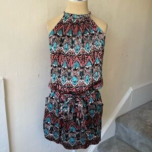 Julian Chang Multicolor Printed Silk Belted Halter Blouson Mini Dress EUC Size S